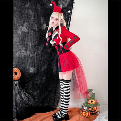 【ハロウィン】レディース サーカス ピエロ コスプレ パンク ハリークイン風 ホラー ステージ 衣装