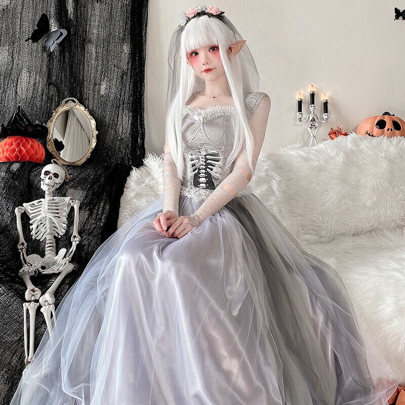 【ハロウィン】大人用 コスチューム ゴーストブライド ウェディングドレス ロングスカート スカル ゾンビ ホラードール 魔女 仮装 舞踏会衣装 レディース