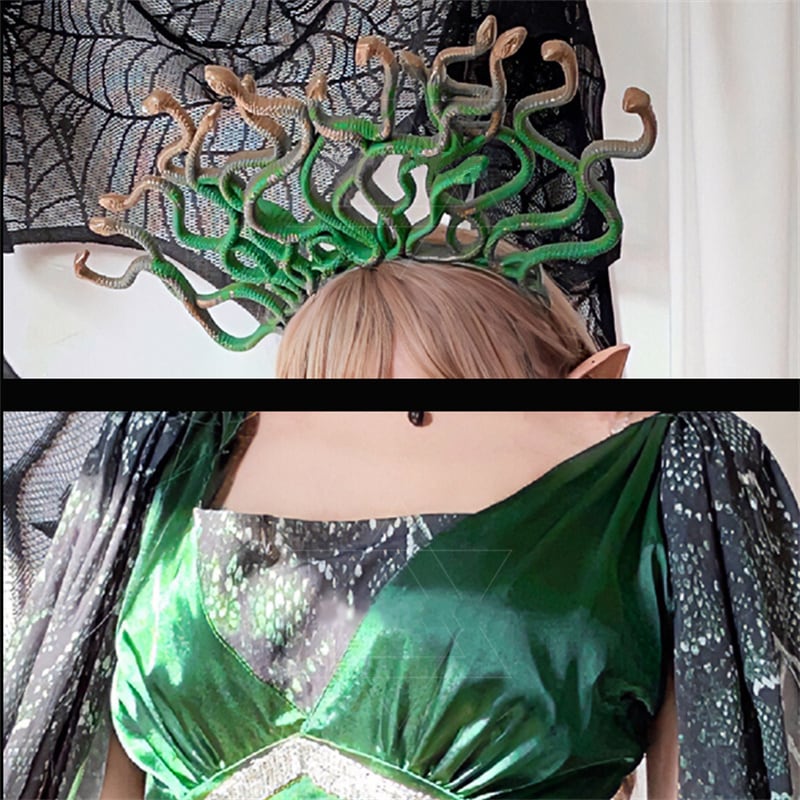 【ハロウィン】レディース ギリシャ神話 メドゥーサ コスプレ ヘビヘッド マント付き ドレス 役割衣装