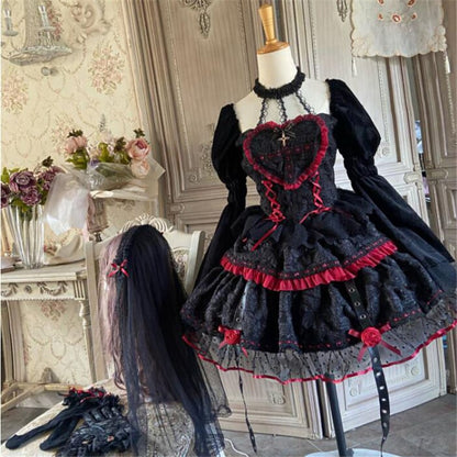【ハロウィン】Lolita ゴシック 小魔女 吸血鬼ヴァンパイア ローズ パンク 長袖 ベルベット ワンピース 秋新作 レディース