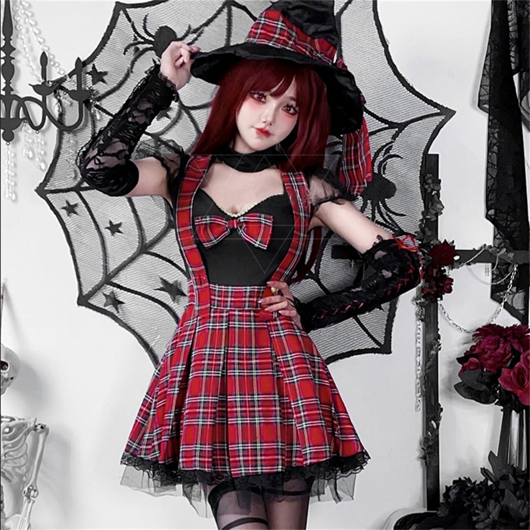 【ハロウィン】コスプレ ゴシックパンク 赤黒チェック Y2K ロック風 ワンピース ガールズグループ ステージ衣装