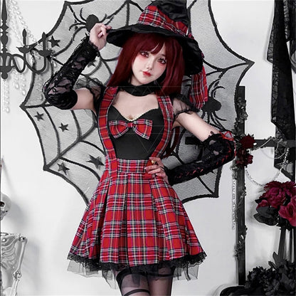 【ハロウィン】コスプレ ゴシックパンク 赤黒チェック Y2K ロック風 ワンピース ガールズグループ ステージ衣装