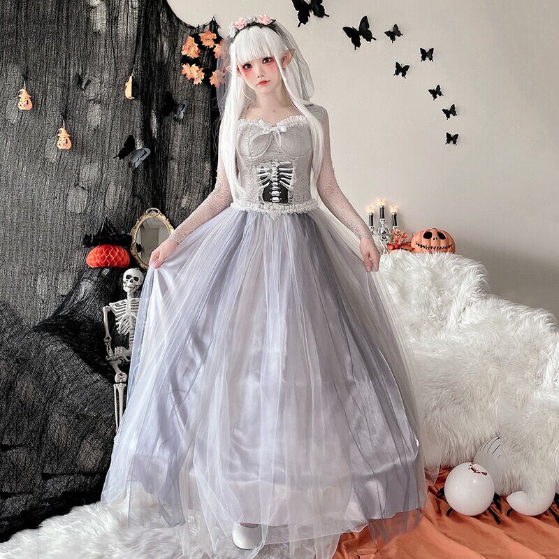 【ハロウィン】大人用 コスチューム ゴーストブライド ウェディングドレス ロングスカート スカル ゾンビ ホラードール 魔女 仮装 舞踏会衣装 レディース