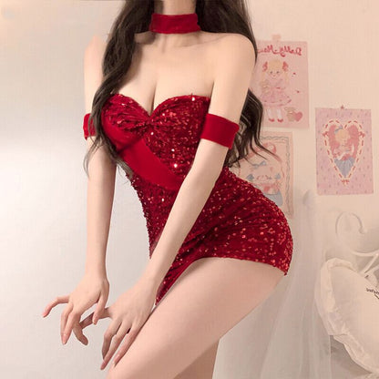 【クリスマス】新年向け  ベロア＆スパンコール うさぎコスチューム セクシーナイトウェア 誘惑 可外出着用