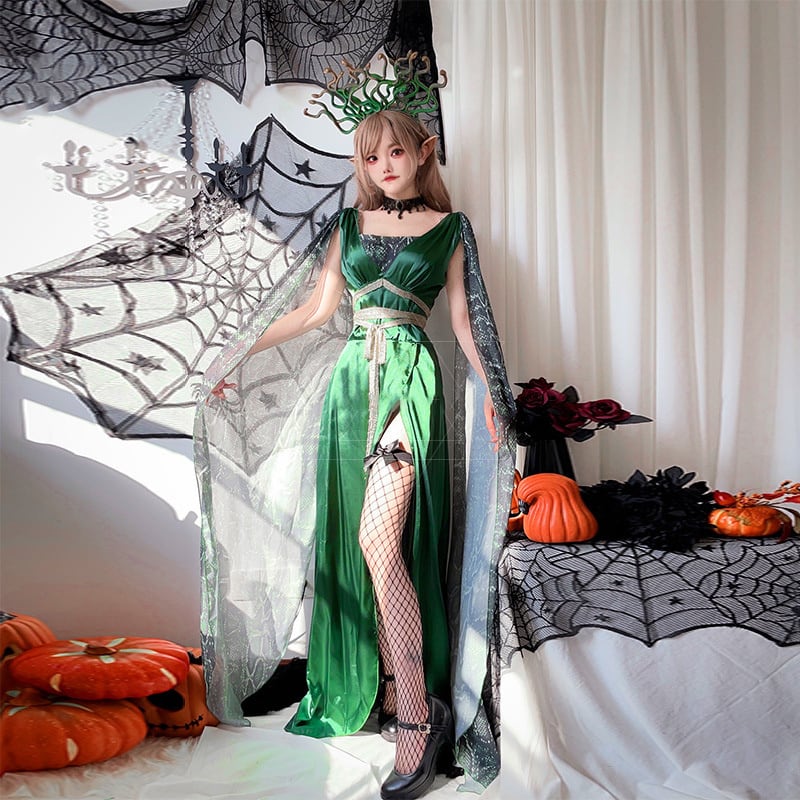 【ハロウィン】レディース ギリシャ神話 メドゥーサ コスプレ ヘビヘッド マント付き ドレス 役割衣装