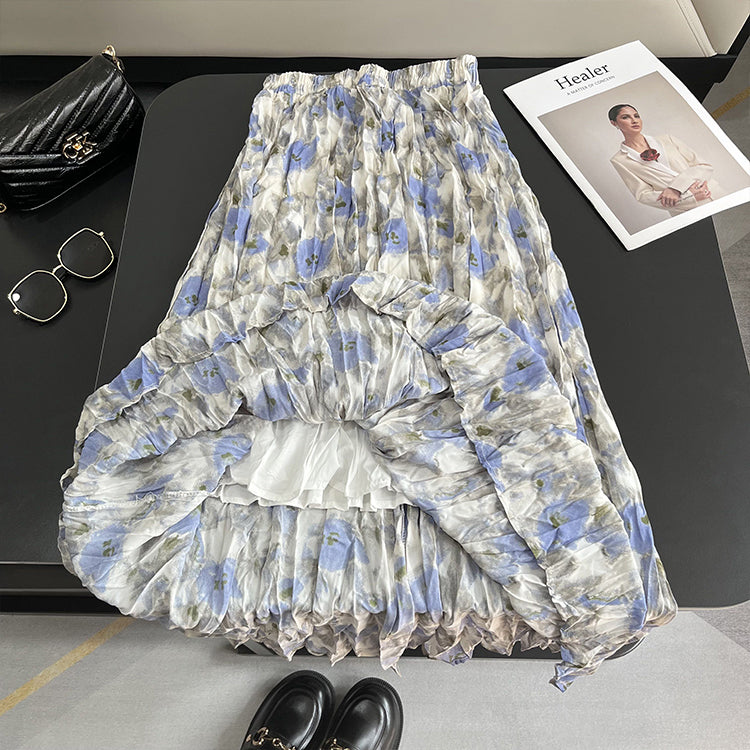 【ボトムス】夏 ハイウエスト レトロ 体型カバー 細見え グラデーション とろみ感スカート 【SHシリーズ】