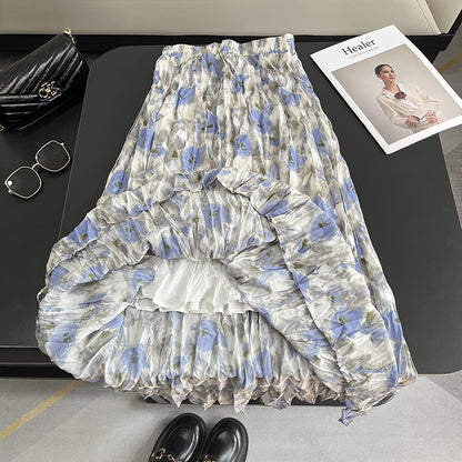 【ボトムス】夏 ハイウエスト レトロ 体型カバー 細見え グラデーション とろみ感スカート 【SHシリーズ】