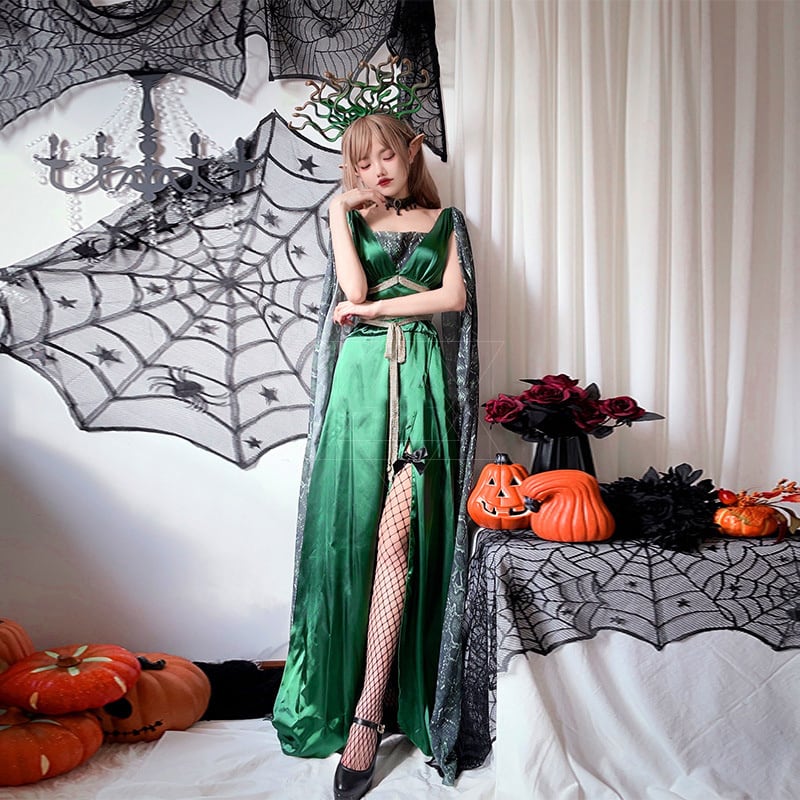 【ハロウィン】レディース ギリシャ神話 メドゥーサ コスプレ ヘビヘッド マント付き ドレス 役割衣装