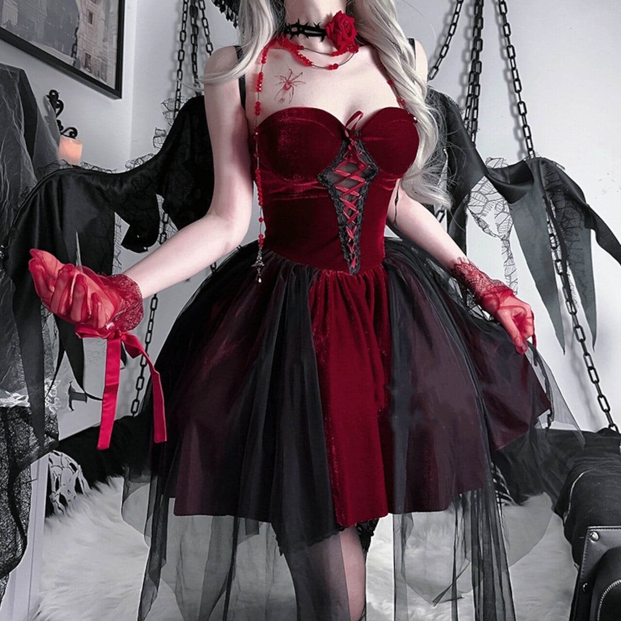 【ハロウィン】コスプレ 衣装 レディース 新作 赤い悪魔 暗黒天使 ワンピース セット セクシー 角色扮演服