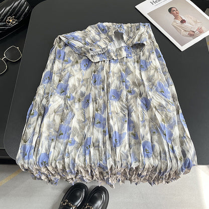 【ボトムス】夏 ハイウエスト レトロ 体型カバー 細見え グラデーション とろみ感スカート 【SHシリーズ】