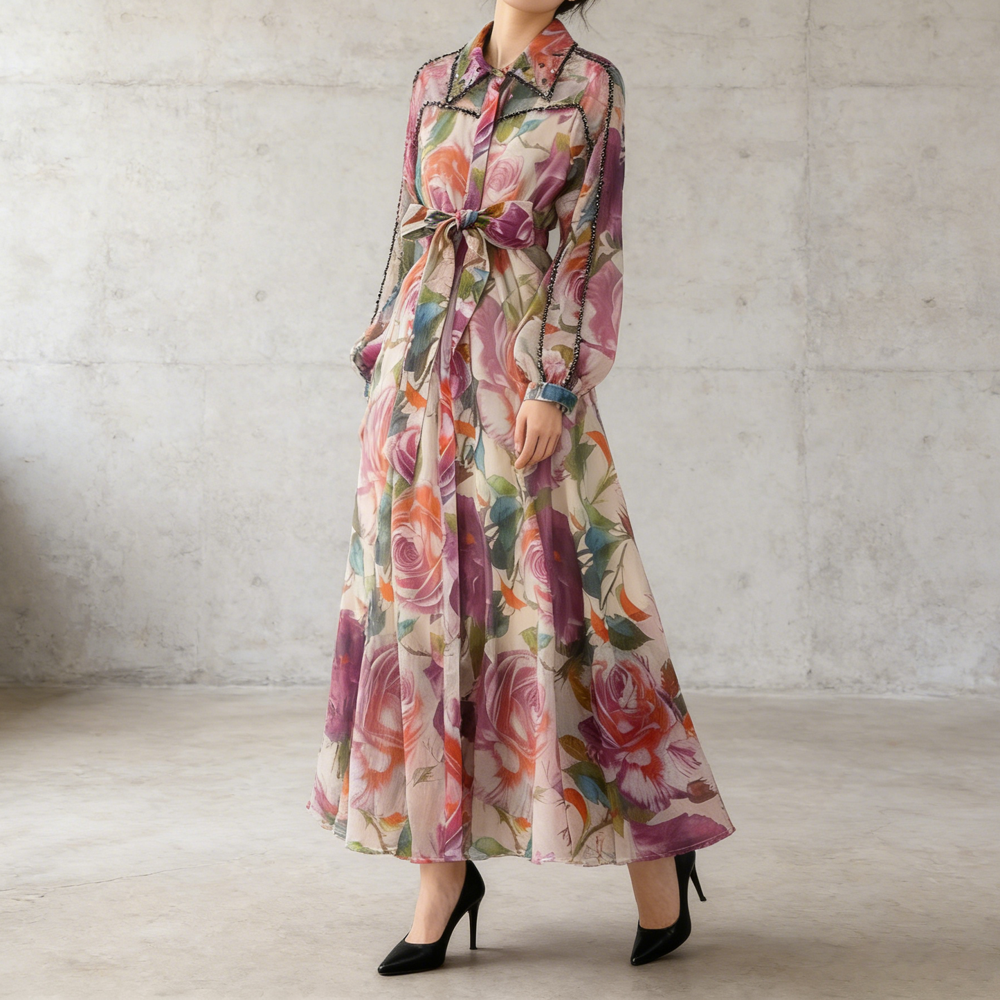 【ワンピース】フレンチエレガント ビジュー装飾 長袖 襟付き ウエストマーク 体型カバー 花柄 フレア ロングワンピースレディース
【SHシリーズ】