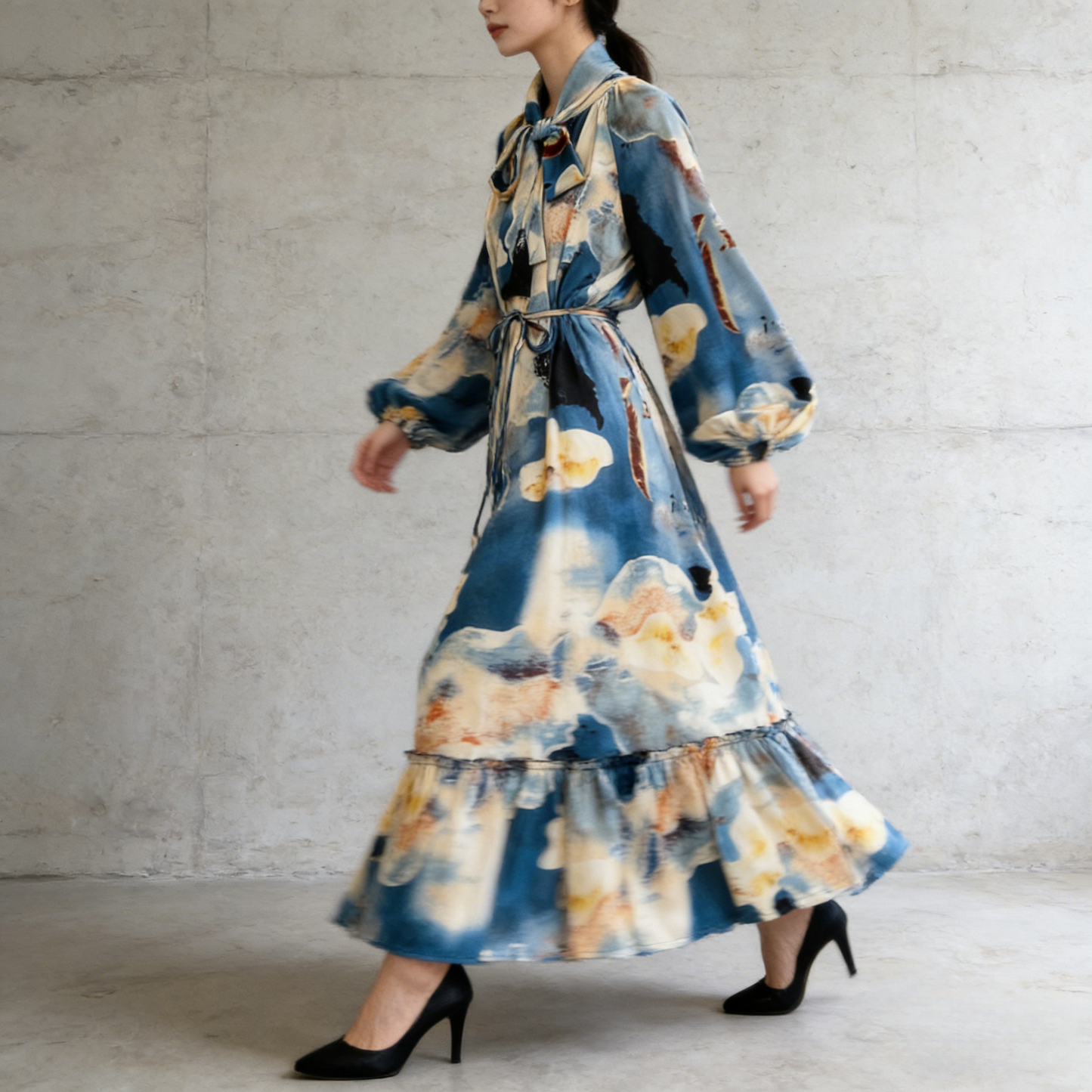 【60%OFF⭐️早い者勝ち】【ワンピース】リボン ウエストマーク Aライン フレア フリル プリント 長袖 ワンピース 【SHシリーズ】