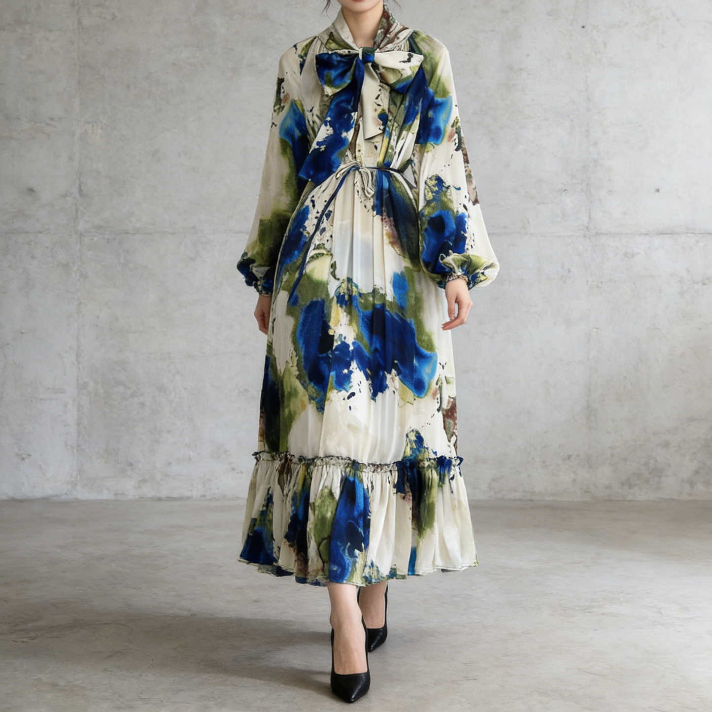 【ワンピース】レトロ風 長袖 リボン付き ウエストマーク Aライン 花柄プリント ランタンスリーブ ワンピース エレガント ロングワンピース レディース【SHシリーズ】