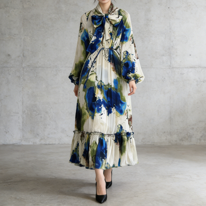 【ワンピース】レトロ風 長袖 リボン付き ウエストマーク Aライン 花柄プリント ランタンスリーブ ワンピース エレガント ロングワンピース レディース【SHシリーズ】