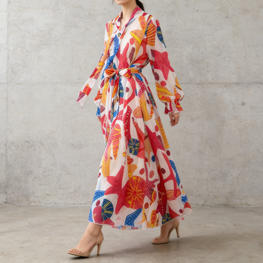 【ワンピース】フレンチエレガンス 気質 レディース シフォン 長袖ワンピース 蝶結びネック フレア 大人可愛い【SHシリーズ】