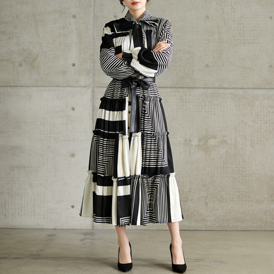 【ワンピース】シングルボタン プリント レディライク フレア 長袖 ワンピース 【SHシリーズ】