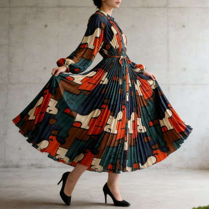 【ワンピース】ラウンドネック サテン プリント プリーツ 長袖 ワンピース 【SHシリーズ】