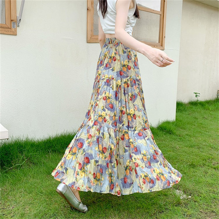 【ボトムス】上品 花柄プリーツスカート ロング丈 Aライン 体型カバー 夏 美シルエットで即細見え【SHシリーズ】