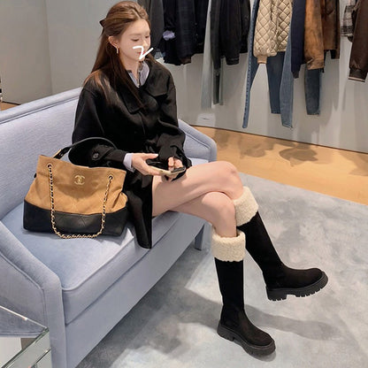 【シューズ】秋冬 新作 厚底 裏起毛 バックジップ ロングブーツ 太ヒール スエード調 【25~30日発送】