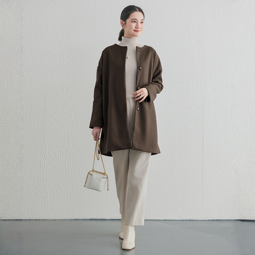 【アウター】春 秋 冬 ラウンドネック ボタン留め メルトン コート