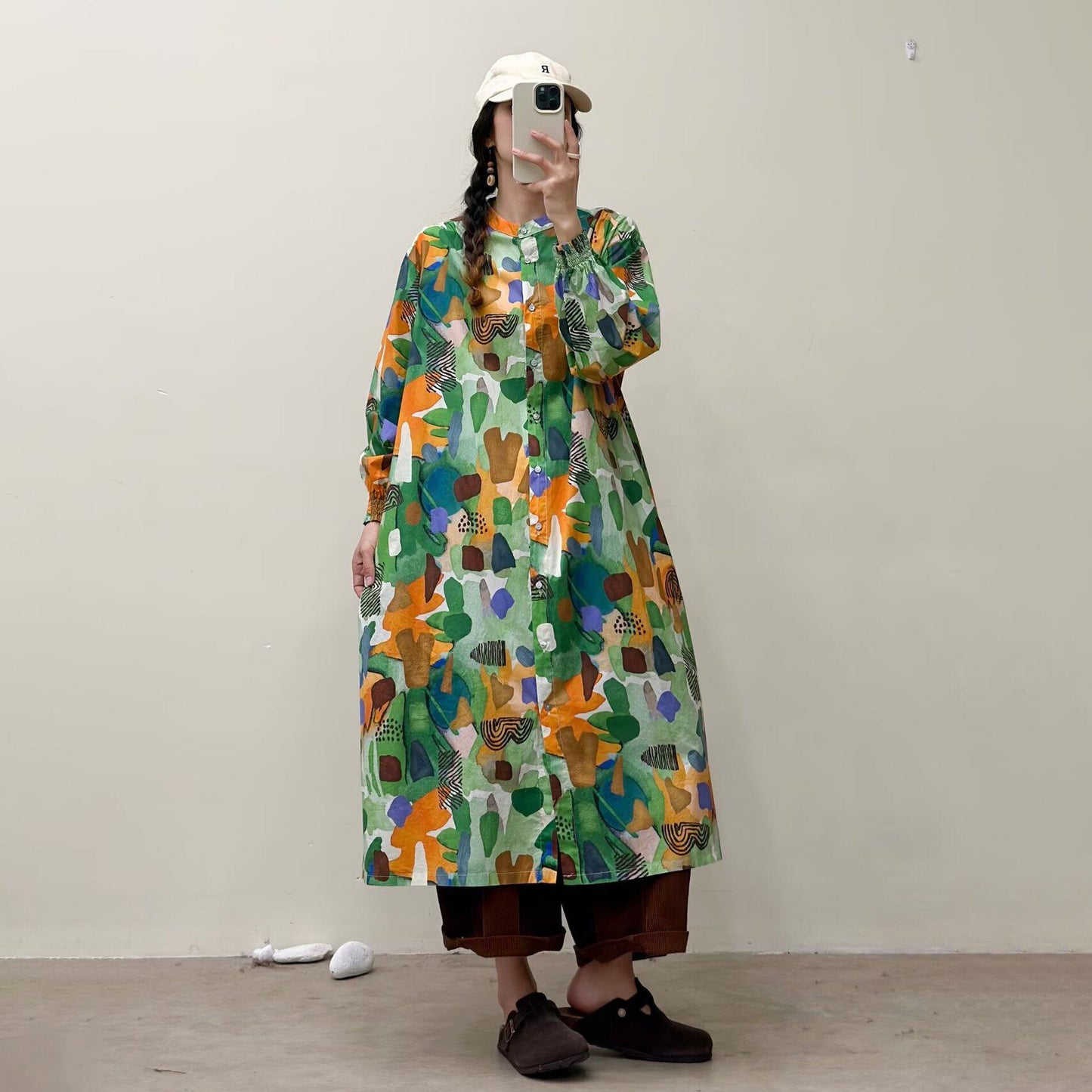 選べる7柄！【ワンピース】🎀カジュアルかわいい丸首プリントワンピース 長袖 シングルボタン 春新作 韓国風ウエストシェイプ レディース【SHシリーズ】