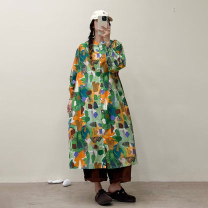 選べる7柄！【ワンピース】🎀カジュアルかわいい丸首プリントワンピース 長袖 シングルボタン 春新作 韓国風ウエストシェイプ レディース【SHシリーズ】