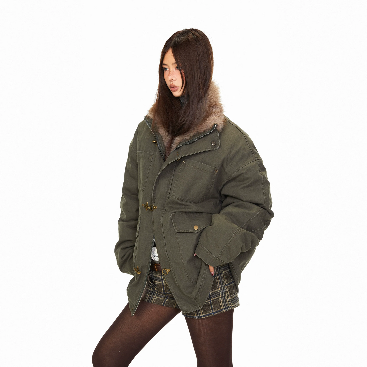 【アウター】フライトバックル 保温性のある ワーク風 ファー襟 綿入れコート 【FCシリーズ】