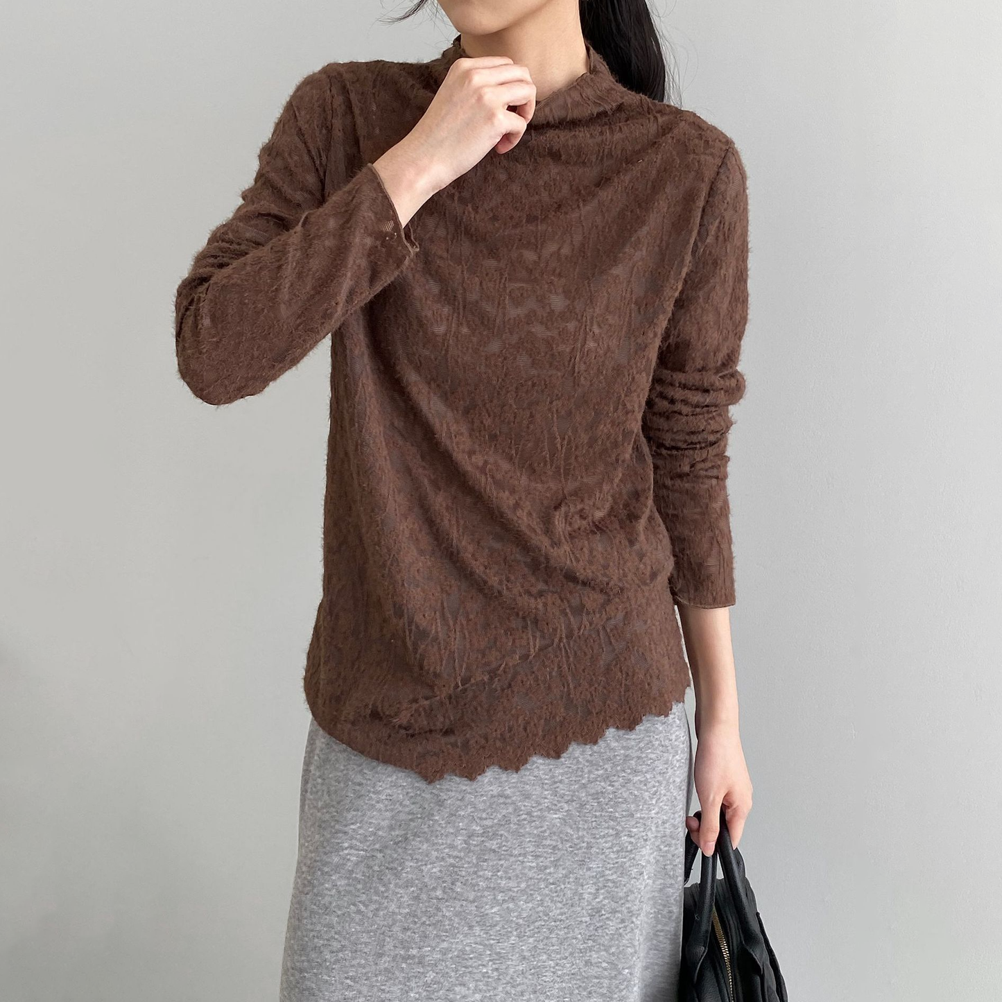 5カラー【トップス】韓国風オフィスカジュアル 大人可愛い レースインナー レディース ハーフハイネック テクスチャー感 Tシャツ【JZシリーズ】