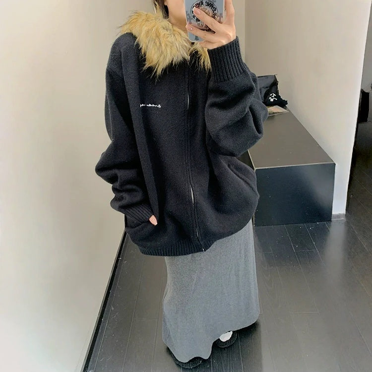 【アウター】春 秋 冬 ファーフード ヘビーウェイト 厚手 ニット ジャケット 【FCシリーズ】