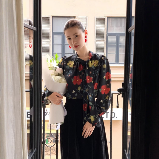 【トップス】フレンチ 油絵風 フラワー シャツ 【SHシリーズ】