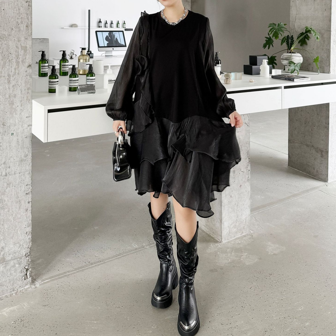 【ワンピース】春 秋 冬 オーガンジー切替 ゆったり ティアード ワンピース 【AHシリーズ】