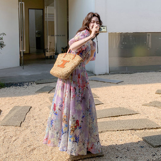 【ワンピース】夏 ドーパミン フラワー 油絵プリント 半袖ワンピース【SHシリーズ】