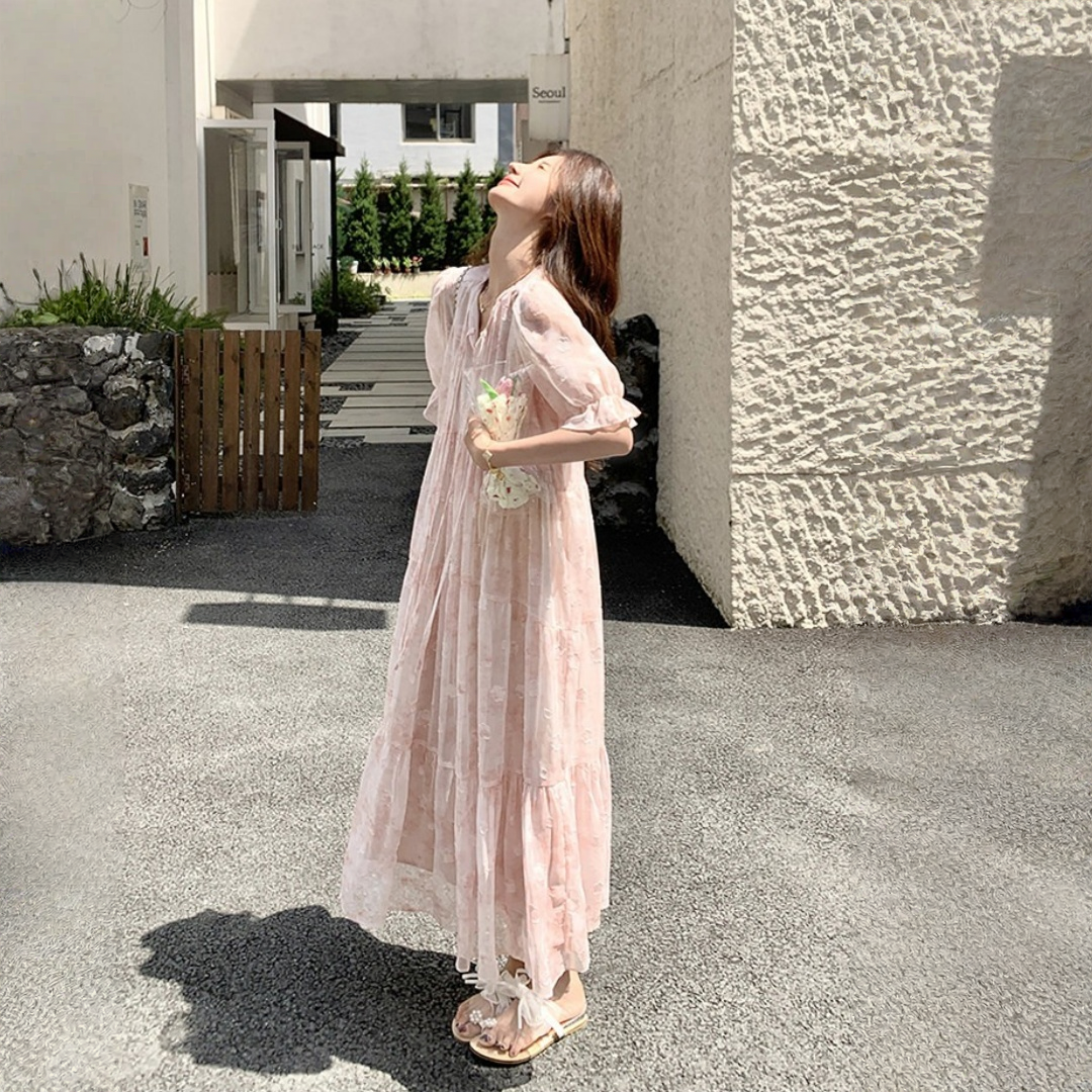 【ワンピース】スウィートな リボンネック 小花柄 ロングワンピース 【SHシリーズ】