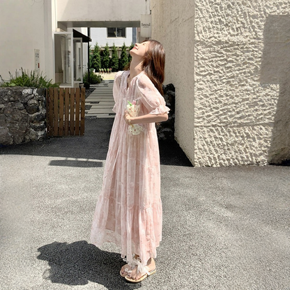 【ワンピース】スウィートな リボンネック 小花柄 ロングワンピース 【SHシリーズ】