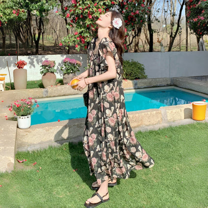 【ワンピース】夏 フレンチルーズ リゾートスタイル おしゃれ 花柄 半袖ワンピース【SHシリーズ】