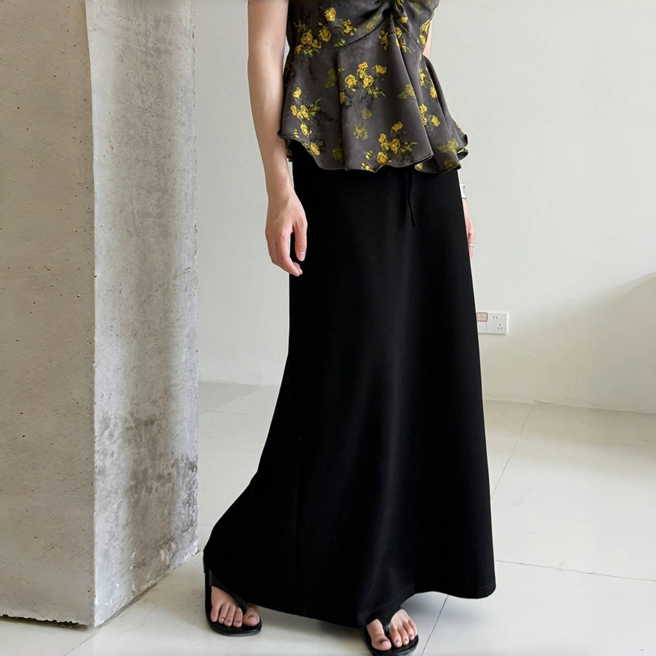 【ボトムス】夏  ハイウエスト Aライン ドローコード ロング スカート 【SNシリーズ】