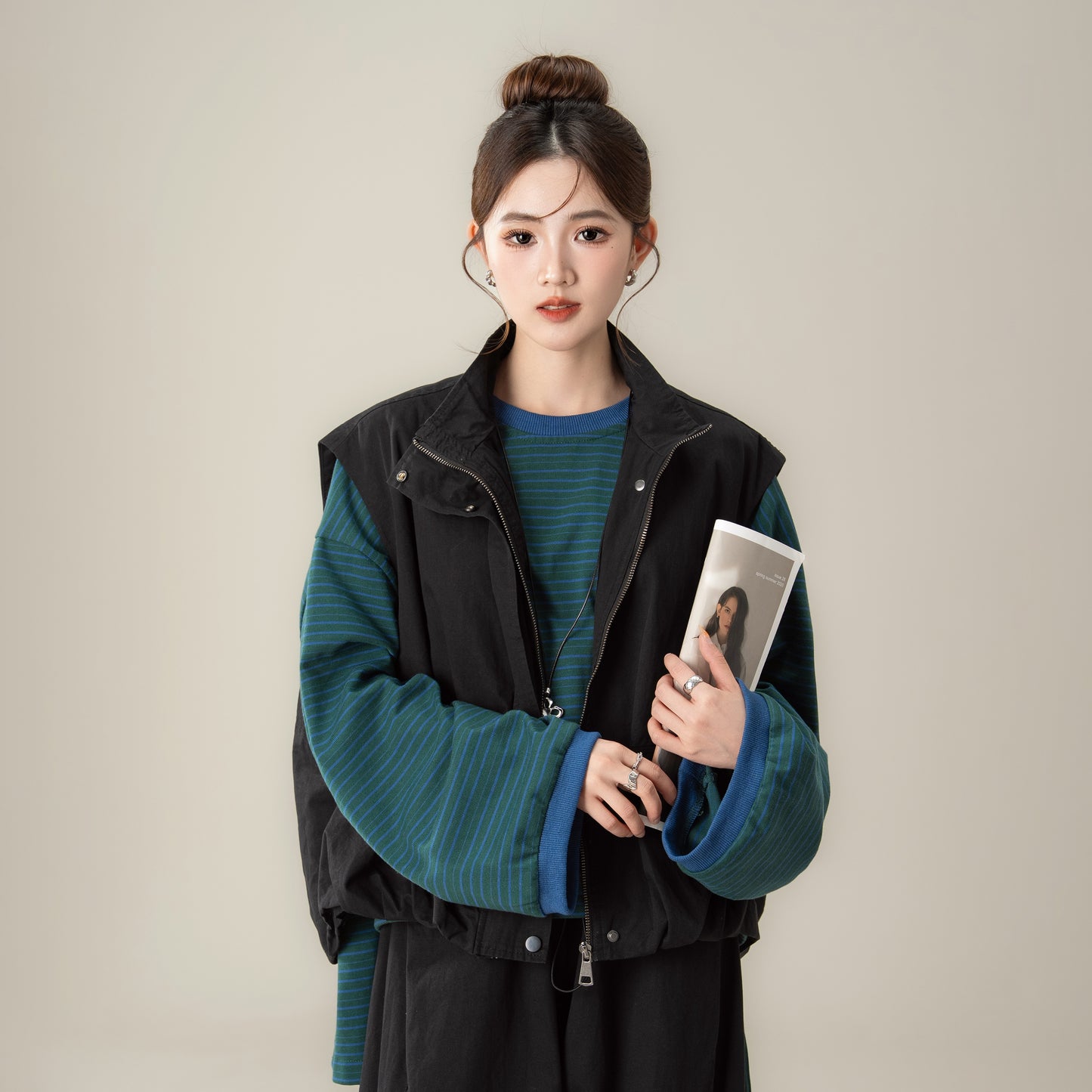 【単品注文】【セットアップ】秋新作 ゆったり ストライプTシャツ＋ベスト＋ワイドパンツ 上下セット 体型カバー お洒落【JZシリーズ】