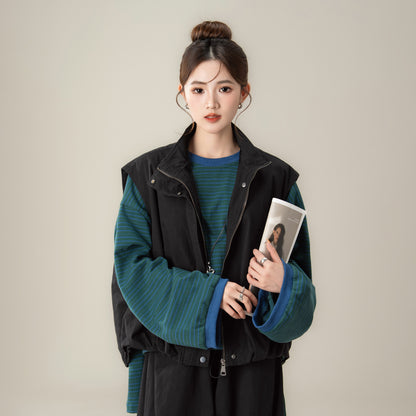 【単品注文】【セットアップ】秋新作 ゆったり ストライプTシャツ＋ベスト＋ワイドパンツ 上下セット 体型カバー お洒落【JZシリーズ】