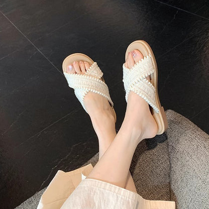 【シューズ】リゾート風 クロス編み オープントゥ サンダル