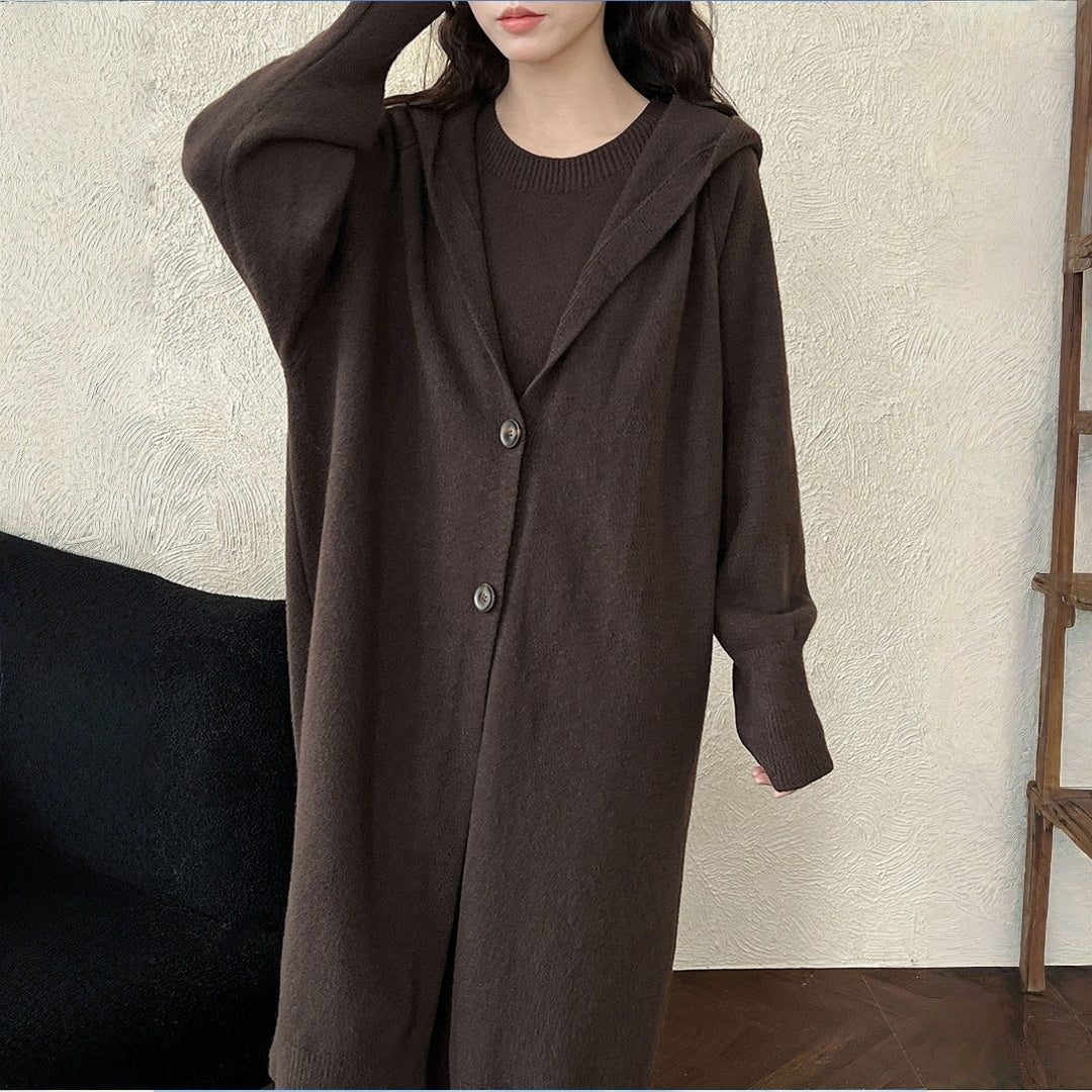 【セットアップ】【単品注文】ゆったり風 ロング丈  春 秋 冬  フード付き カーディガン + ノースリーブ ワンピース 2点ワンピースセット 【JZシリーズ】