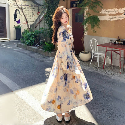 【ワンピース】フレンチヴィンテージ タイダイフラワー フレアスリーブ ユニークデザイン 長袖ワンピース【SHシリーズ】