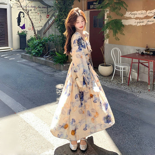 【ワンピース】フレンチヴィンテージ タイダイフラワー フレアスリーブ ユニークデザイン 長袖ワンピース【SHシリーズ】