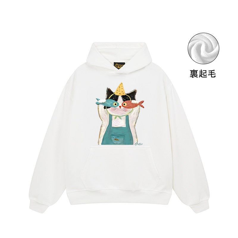 【トップス】🐱アメリカンストリート猫プリントパーカー ユニセックス コットン オーバーサイズ 秋冬コーデ【FCシリーズ】