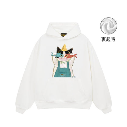 【トップス】🐱アメリカンストリート猫プリントパーカー ユニセックス コットン オーバーサイズ 秋冬コーデ【FCシリーズ】