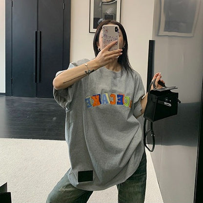 【トップス】ドーパミンカラー  ミニマル ワッペン刺繍 オーバーサイズ  Ｔシャツ  【FCシリーズ】