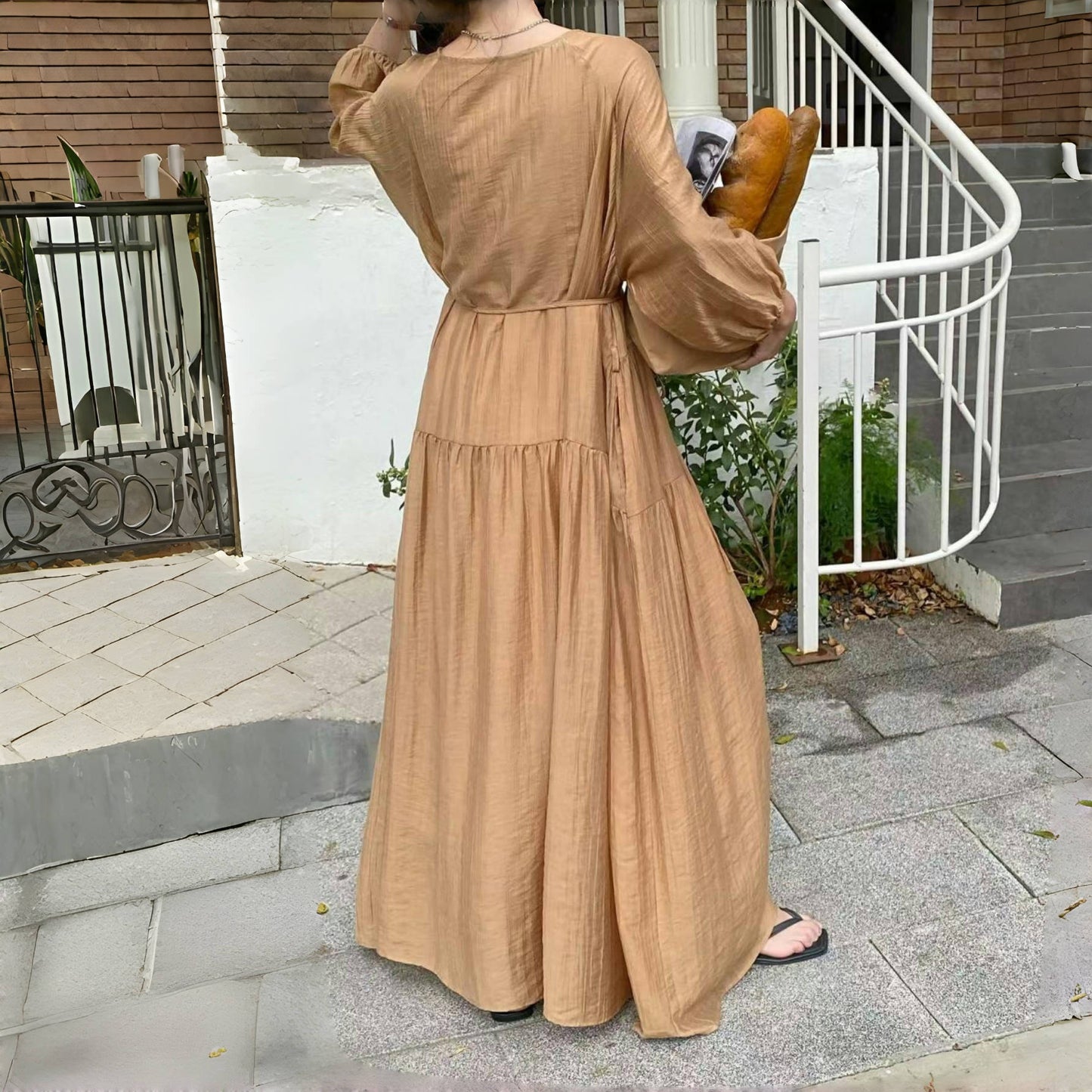 【ワンピース】7カラー 夏 韓国風 ゆったり 大きめサイズ ロング丈 無地 長袖ワンピース