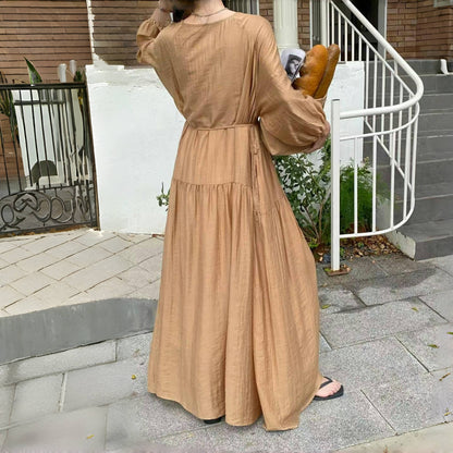 【ワンピース】7カラー 夏 韓国風 ゆったり 大きめサイズ ロング丈 無地 長袖ワンピース