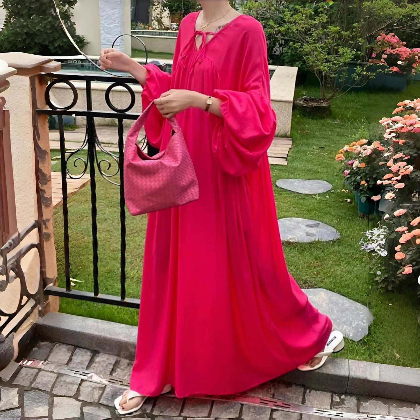 【ワンピース】全10色 韓国風 ゆったりバルーンスリーブ 大きいサイズ  長袖ワンピース