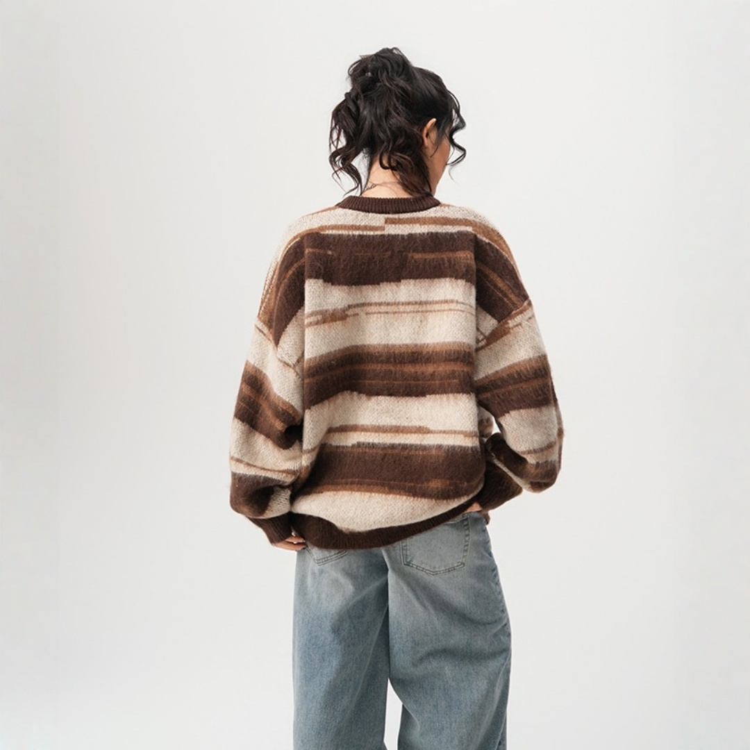 【60%OFF⭐️先行スタート！】【トップス】春 秋 冬 ストライプ柄 配色 ルーズ ニット ラウンドネック セーター 【FCシリーズ】