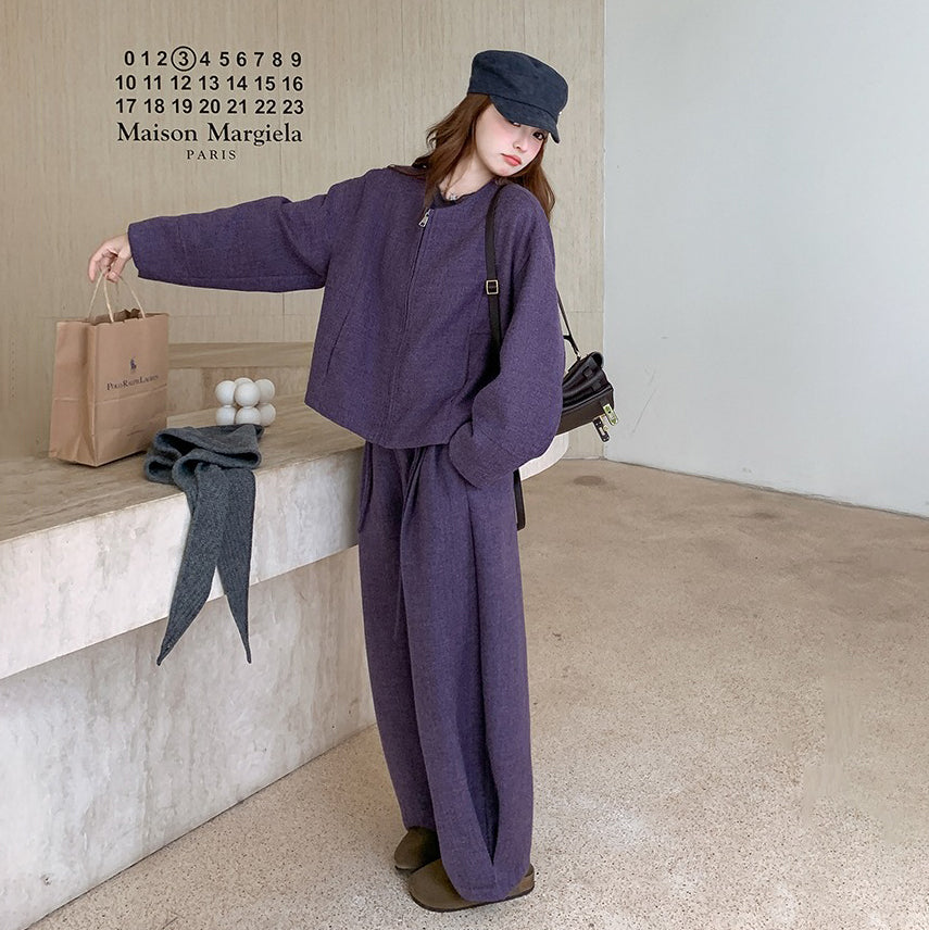 2点セット！【セットアップ】上質感ウールコート＋ワイドパンツ 上下セット レディース 秋冬 韓国風スタイル【JZシリーズ】